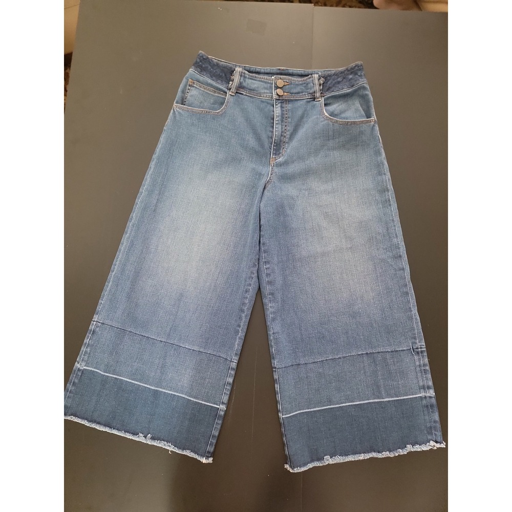 Olivia Palermo Chelsea28 Wide Leg Denim Culottes Raw Hem Blue Jeans Womens 14